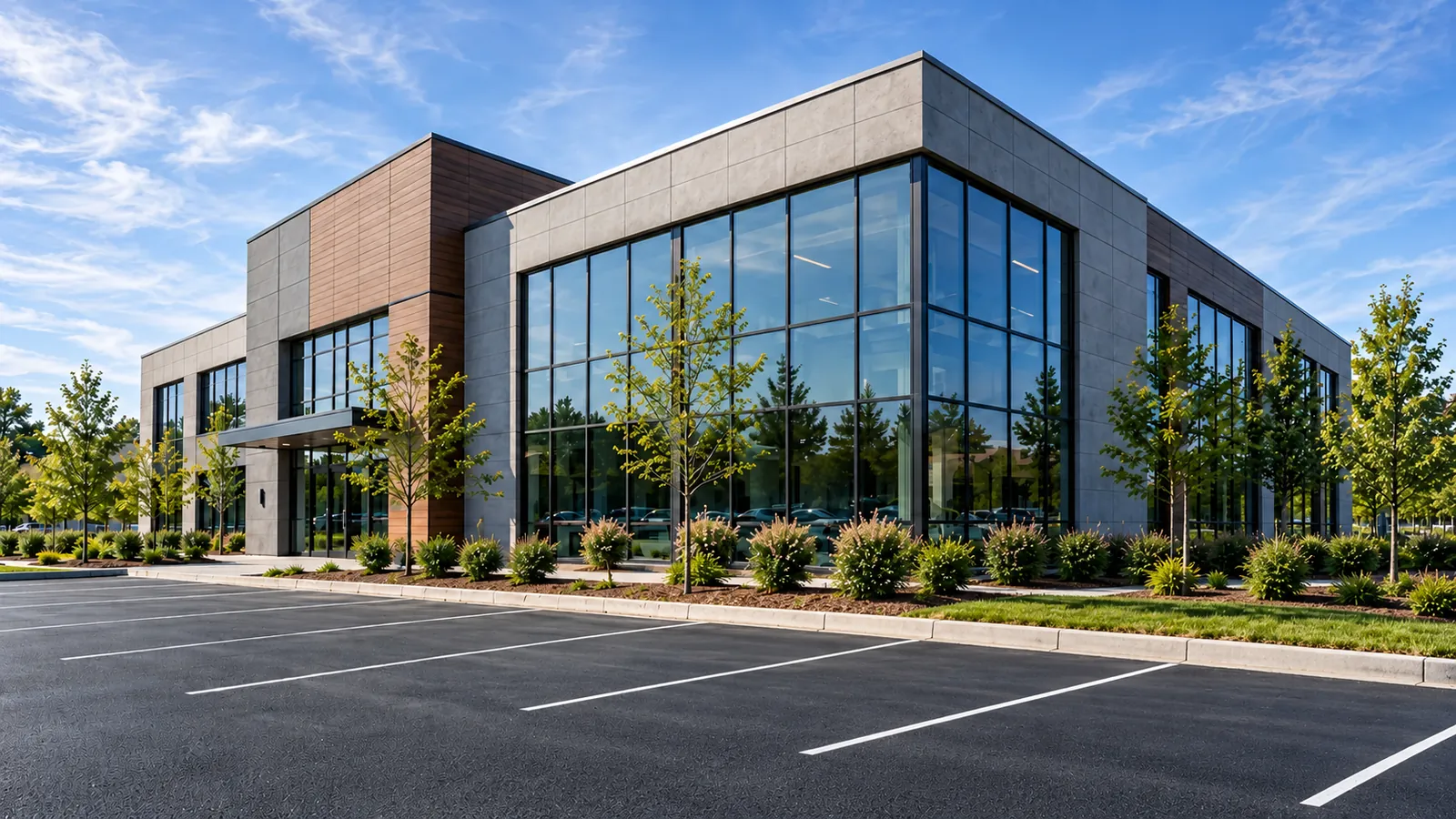 Modern two-story commercial building, shown as a photograph and as a blueprint drawing