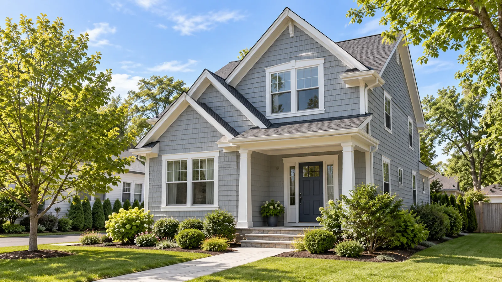 Long Island home with shingle siding and front plantings