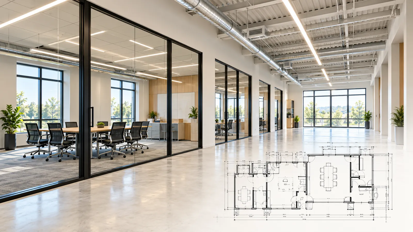 Open office interior with glass-walled conference rooms and an overlaid architectural floor plan