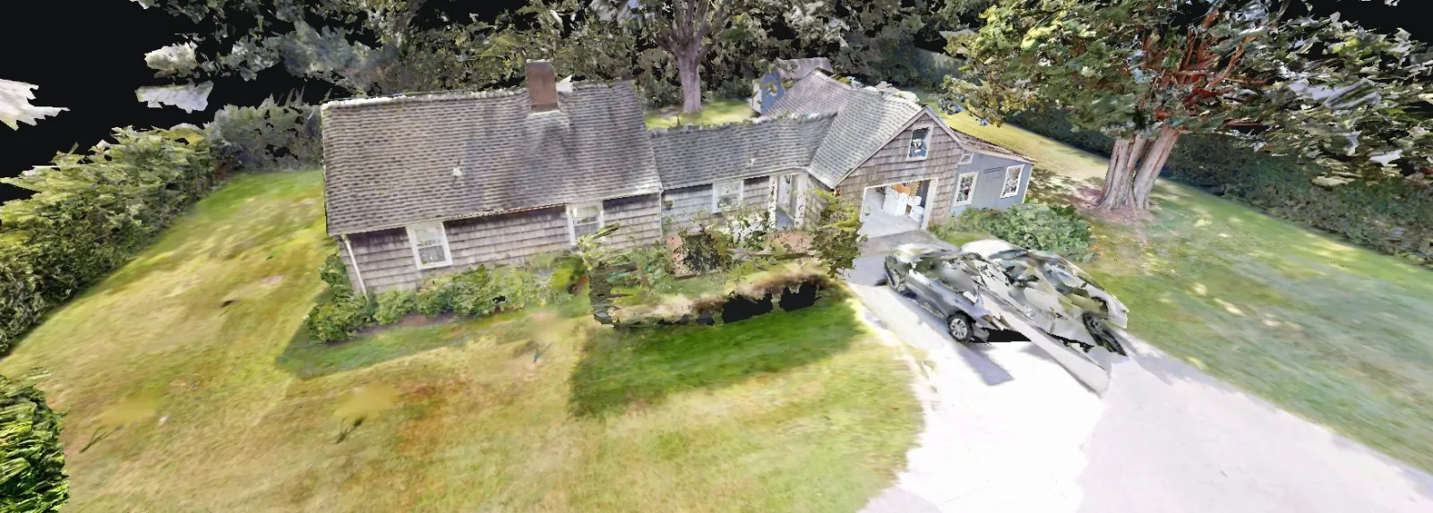 3D model of a shingled Cape-style house and its lot, captured by LiDAR scanning